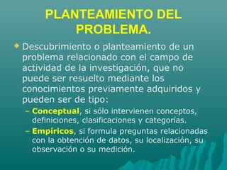 PLANTEAMIENTO DEL
PROBLEMA.
 Descubrimiento o planteamiento de un
problema relacionado con el campo de
actividad de la investigación, que no
puede ser resuelto mediante los
conocimientos previamente adquiridos y
pueden ser de tipo:
– Conceptual, si sólo intervienen conceptos,
definiciones, clasificaciones y categorías.
– Empíricos, si formula preguntas relacionadas
con la obtención de datos, su localización, su
observación o su medición.
 