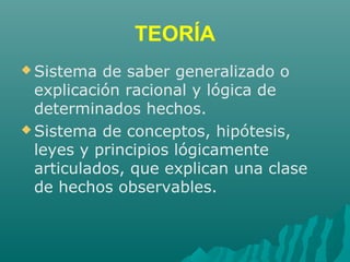 TEORÍA
 Sistema de saber generalizado o
explicación racional y lógica de
determinados hechos.
 Sistema de conceptos, hipótesis,
leyes y principios lógicamente
articulados, que explican una clase
de hechos observables.
 