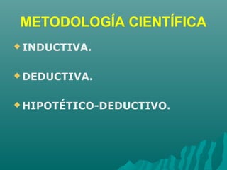 METODOLOGÍA CIENTÍFICA
 INDUCTIVA.
 DEDUCTIVA.
 HIPOTÉTICO-DEDUCTIVO.
 