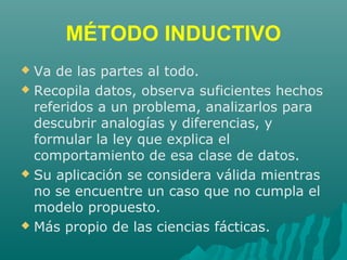 MÉTODO INDUCTIVO
 Va de las partes al todo.
 Recopila datos, observa suficientes hechos
referidos a un problema, analizarlos para
descubrir analogías y diferencias, y
formular la ley que explica el
comportamiento de esa clase de datos.
 Su aplicación se considera válida mientras
no se encuentre un caso que no cumpla el
modelo propuesto.
 Más propio de las ciencias fácticas.
 