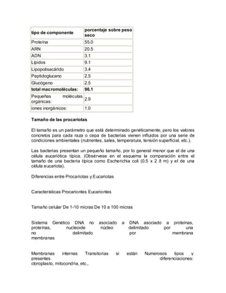 porcentaje sobre peso
tipo de componente
                             seco
Proteína                     55.0
ARN                          20.5
ADN                          3.1
Lípidos                      9.1
Lipopolisacárido             3.4
Peptidoglucano               2.5
Glucógeno                    2.5
total macromoléculas:        96.1
Pequeñas         moléculas
                             2.9
orgánicas:
iones inorgánicos:           1.0

Tamaño de las procariotas

El tamaño es un parámetro que está determinado genéticamente, pero los valores
concretos para cada raza o cepa de bacterias vienen influidos por una serie de
condiciones ambientales (nutrientes, sales, temperatura, tensión superficial, etc.).

Las bacterias presentan un pequeño tamaño, por lo general menor que el de una
célula eucariótica típica. (Obsérvese en el esquema la comparación entre el
tamaño de una bacteria típica como Escherichia coli (0.5 x 2 ð m) y el de una
célula eucariota).

Diferencias entre Procariotas y Eucariotas


Características Procariontes Eucariontes


Tamaño celular De 1-10 micras De 10 a 100 micras


Sistema Genético DNA no             asociado      a   DNA asociado a proteínas,
proteínas,     nucleoide             núcleo           delimitado   por      una
no                delimitado                          por              membrana
membranas


Membranas       internas    Transitorias     si       están   Numerosos    tipos    y
presentes                                                           diferenciaciones:
cloroplasto, mitocondria, etc.,
 
