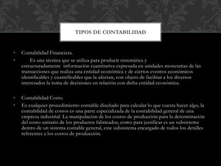 • Contabilidad Financiera.
• Es una técnica que se utiliza para producir sistemática y
estructuradamente información cuantitativa expresada en unidades monetarias de las
transacciones que realiza una entidad económica y de ciertos eventos económicos
identificables y cuantificables que la afectan, con objeto de facilitar a los diversos
interesados la toma de decisiones en relación con dicha entidad económica.
• Contabilidad Costo.
• Es cualquier procedimiento contable diseñado para calcular lo que cuesta hacer algo, la
contabilidad de costos es una parte especializada de la contabilidad general de una
empresa industrial. La manipulación de los costos de producción para la determinación
del costo unitario de los productos fabricados, como para justificar es un subsistema
dentro de un sistema contable general, este subsistema encargado de todos los detalles
referentes a los costos de producción.
TIPOS DE CONTABILIDAD
 