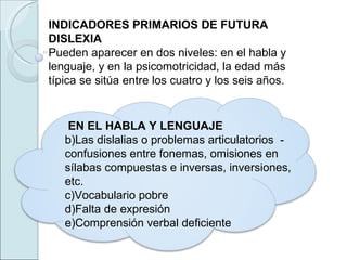 EN EL HABLA Y LENGUAJE Las dislalias o problemas articulatorios  - confusiones entre fonemas, omisiones en sílabas compuestas e inversas, inversiones, etc. Vocabulario pobre Falta de expresión Comprensión verbal deficiente INDICADORES PRIMARIOS DE FUTURA DISLEXIA Pueden aparecer en dos niveles: en el habla y lenguaje, y en la psicomotricidad, la edad más típica se sitúa entre los cuatro y los seis años. 