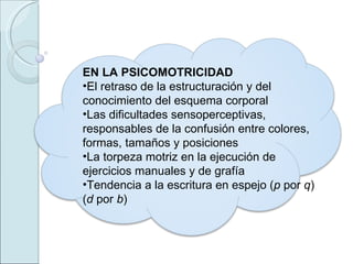 EN LA PSICOMOTRICIDAD El retraso de la estructuración y del conocimiento del esquema corporal Las dificultades sensoperceptivas, responsables de la confusión entre colores, formas, tamaños y posiciones La torpeza motriz en la ejecución de ejercicios manuales y de grafía Tendencia a la escritura en espejo ( p  por  q ) ( d  por  b ) 
