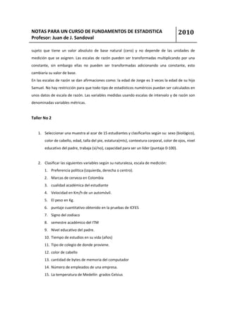 NOTAS PARA UN CURSO DE FUNDAMENTOS DE ESTADISTICA                                            2010
Profesor: Juan de J. Sandoval

sujeto que tiene un valor absoluto de base natural (cero) y no depende de las unidades de
medición que se asignen. Las escalas de razón pueden ser transformadas multiplicando por una
constante, sin embargo ellas no pueden ser transformadas adicionando una constante, esto
cambiaría su valor de base.
En las escalas de razón se dan afirmaciones como: la edad de Jorge es 3 veces la edad de su hijo
Samuel. No hay restricción para que todo tipo de estadísticos numéricos puedan ser calculados en
unos datos de escala de razón. Las variables medidas usando escalas de intervalo y de razón son
denominadas variables métricas.


Taller No 2


    1. Seleccionar una muestra al azar de 15 estudiantes y clasificarlos según su: sexo (biológico),
        color de cabello, edad, talla del pie, estatura(mts), contextura corporal, color de ojos, nivel
        educativo del padre, trabaja (si/no), capacidad para ser un líder (puntaje 0-100).


    2. Clasificar las siguientes variables según su naturaleza, escala de medición:
       1. Preferencia política (izquierda, derecha o centro).
       2. Marcas de cerveza en Colombia
       3. cualidad académica del estudiante
       4. Velocidad en Km/h de un automóvil.
       5. El peso en Kg.
       6. puntaje cuantitativo obtenido en la pruebas de ICFES
       7. Signo del zodiaco
       8. semestre académico del ITM
       9. Nivel educativo del padre.
       10. Tiempo de estudios en su vida (años)
       11. Tipo de colegio de donde proviene.
       12. color de cabello
       13. cantidad de bytes de memoria del computador
       14. Número de empleados de una empresa.
       15. La temperatura de Medellín grados Celsius
 