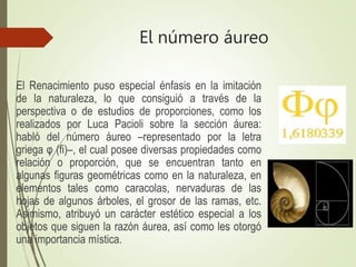 El número áureo
El Renacimiento puso especial énfasis en la imitación
de la naturaleza, lo que consiguió a través de la
perspectiva o de estudios de proporciones, como los
realizados por Luca Pacioli sobre la sección áurea:
habló del número áureo –representado por la letra
griega φ (fi)–, el cual posee diversas propiedades como
relación o proporción, que se encuentran tanto en
algunas figuras geométricas como en la naturaleza, en
elementos tales como caracolas, nervaduras de las
hojas de algunos árboles, el grosor de las ramas, etc.
Asimismo, atribuyó un carácter estético especial a los
objetos que siguen la razón áurea, así como les otorgó
una importancia mística.
 