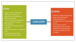 • Altos niveles de libertades
políticas y económicas
(democracia y capitalismo)
• Riqueza material
• Libre intercambio de bienes y
servicios (libre comercio)
• Más empleos
• Incremento de la producción
mundial
• Mejoramiento de los niveles de
vida
• Expansión de los valores
humanistas de Occidente.
• Pérdida de identidad cultural
• Daño medioambiental
• El Estado pierde su
protagonismo en la seguridad
social
• Concentración de la
propiedad a nivel mundial
• Explotación desmedida de
recursos naturales a nivel
mundial.
 