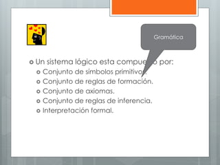  Un sistema lógico esta compuesto por: 
 Conjunto de símbolos primitivos. 
 Conjunto de reglas de formación. 
 Conjunto de axiomas. 
 Conjunto de reglas de inferencia. 
 Interpretación formal. 
Gramática 
 