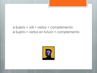  Sujeto + will + verbo + complemento 
 Sujeto + verbo en futuro + complemento 
 