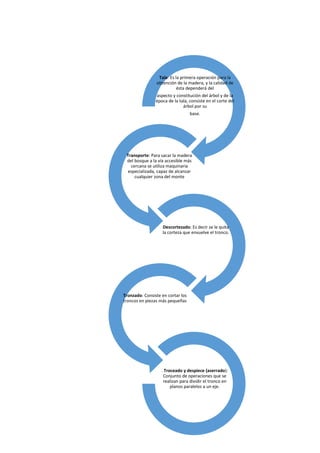 Tala: Es la primera operación para la
obtención de la madera, y la calidad de
ésta dependerá del
aspecto y constitución del árbol y de la
época de la tala, consiste en el corte del
árbol por su
base.
Transporte: Para sacar la madera
del bosque a la vía accesible más
cercana se utiliza maquinaria
especializada, capaz de alcanzar
cualquier zona del monte
Descortezado: Es decir se le quita
la corteza que envuelve el tronco.
Tronzado: Consiste en cortar los
troncos en piezas más pequeñas
. Troceado y despiece (aserrado):
Conjunto de operaciones que se
realizan para dividir el tronco en
planos paralelos a un eje.
 
