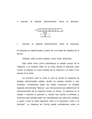 • avanzar el cabezal lector/escritor hacia la derecha.
 avanzar el cabezal lector/escritor hacia la izquierda.
El cómputo es determinado a partir de una tabla de estados de la
forma:
(estado, valor) (nuevo estado, nuevo valor, dirección).
Esta tabla toma como parámetros el estado actual de la
máquina y el carácter leído de la cinta, dando la dirección para
mover el cabezal, el nuevo estado de la máquina y el valor a ser
escrito en la cinta.
La memoria será la cinta la cual se divide en espacios de
trabajo denominados celdas, donde se pueden escribir y leer
símbolos. Inicialmente todas las celdas contienen un símbolo
especial denominado “blanco”. Las instrucciones que determinan el
funcionamiento de la máquina tienen la forma, “si estamos en el
estado x leyendo la posición y, donde hay escrito el símbolo z,
entonces este símbolo debe ser reemplazado por este otro símbolo,
y pasar a leer la celda siguiente, bien a la izquierda o bien a la
derecha”. La máquina de Turing puede considerarse como un
 