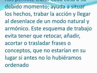 repetición de ideas, falta de lógica, incoherencias, etc. Un plan previo nos permite tratar cada cosa a su debido momento; ayuda a situar los hechos, trabar la acción y llegar al desenlace de un modo natural y armónico. Este esquema de trabajo evita tener que retocar, añadir, acortar o trasladar frases o conceptos, que no estarían en su lugar si antes no lo hubiéramos ordenado