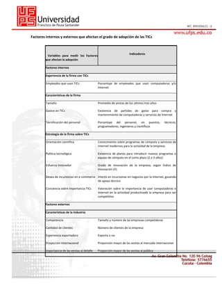 Factores internos y externos que afectan el grado de adopción de las TICs

Indicadores

Variables para medir los Factores
que afectan la adopción
Factores internos
Experiencia de la firma con TICs
Empleados que usan TICs

Porcentaje de empleados que usan computadoras y/o
Internet

Características de la firma
Tamaño

Promedio de ventas de los últimos tres años

Gastos en TICs

Existencia de partidas de gasto para compra y
mantenimiento de computadoras y servicios de Internet

Tecnificación del personal

Porcentaje del personal, en puestos,
programadores, ingenieros y científicos

técnicos,

Estrategia de la firma sobre TICs
Orientación científica

Conocimiento sobre programas de cómputo y servicios de
Internet modernos para la actividad de la empresa

Política tecnológica

Existencia de planes para introducir nuevos programas o
equipo de cómputo en el corto plazo (2 o 3 años)

Esfuerzo Innovador

Grado de innovación de la empresa, según Índice de
Innovación (II)

Deseo de incursionar en e-commerce Interés en incursionar en negocios por la Internet, gozando
de apoyo técnico
Conciencia sobre importancia TICs

Valoración sobre la importancia de usar computadoras e
Internet en la actividad productivade la empresa para ser
competitivo

Factores externos
Características de la Industria
Competencia

Tamaño y número de las empresas competidoras

Cantidad de clientes

Número de clientes de la empresa

Experiencia exportadora

Exporta o no

Proyección internacional

Proporción mayor de las ventas al mercado internacional

Importancia de las ventas al detalle

Proporción mayor de las ventas al público

 