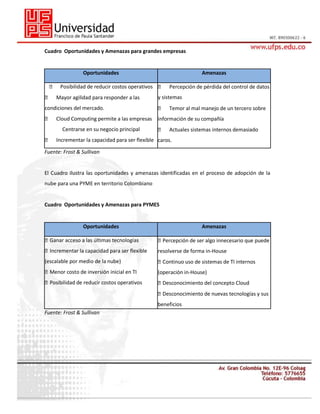 Cuadro Oportunidades y Amenazas para grandes empresas

Oportunidades

Amenazas

 Posibilidad de reducir costos operativos  Percepción de pérdida del control de datos
 Mayor agilidad para responder a las

y sistemas

condiciones del mercado.

 Temor al mal manejo de un tercero sobre

 Cloud Computing permite a las empresas

información de su compañía

Centrarse en su negocio principal

 Actuales sistemas internos demasiado

 Incrementar la capacidad para ser flexible caros.
 Primeros en adoptar
Fuente: Frost & Sullivan las nuevas
tecnologías
El Cuadro ilustra las oportunidades y amenazas identificadas en el proceso de adopción de la
nube para una PYME en territorio Colombiano

Cuadro Oportunidades y Amenazas para PYMES

Oportunidades

Amenazas

Ganar acceso a las últimas tecnologías

Percepción de ser algo innecesario que puede

Incrementar la capacidad para ser flexible

resolverse de forma in-House

(escalable por medio de la nube)

Continuo uso de sistemas de TI internos

Menor costo de inversión inicial en TI

(operación in-House)

Posibilidad de reducir costos operativos

Desconocimiento del concepto Cloud
Desconocimiento de nuevas tecnologías y sus
beneficios

Fuente: Frost & Sullivan

Desconocimiento de iniciativas del gobierno
para la financiación de proyectos de tecnología
en la PYME.

 