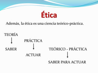 Ética
Además, la ética es una ciencia teórico-práctica.
TEORÍA
PRÁCTICA
TEÓRICO - PRÁCTICASABER
ACTUAR
SABER PARA ACTUAR
 