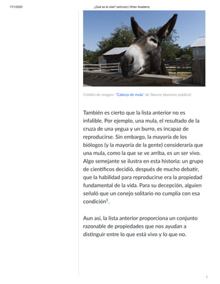 17/1/2020 ¿Qué es la vida? (artículo) | Khan Academy
/
Crédito de imagen: "Cabeza de mula" de Skeeze (dominio público)
También es cierto que la lista anterior no es
infalible. Por ejemplo, una mula, el resultado de la
cruza de una yegua y un burro, es incapaz de
reproducirse. Sin embargo, la mayoría de los
biólogos (y la mayoría de la gente) consideraría que
una mula, como la que se ve arriba, es un ser vivo.
Algo semejante se ilustra en esta historia: un grupo
de cien ﬁcos decidió, después de mucho deba r,
que la habilidad para reproducirse era la propiedad
fundamental de la vida. Para su decepción, alguien
señaló que un conejo solitario no cumplía con esa
condición .
Aun así, la lista anterior proporciona un conjunto
razonable de propiedades que nos ayudan a
dis nguir entre lo que está vivo y lo que no.
2
 