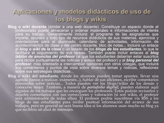 Aplicaciones y modelos didácticos de uso de los blogs y wikis Blog o wiki docente (similar a una web docente). Constituye un espacio donde el profesorado puede almacenar y ordenar materiales e informaciones de interés para su trabajo. Generalmente incluirá: el programa de las asignaturas que imparte, apuntes y todo tipo de recursos didácticos de sus materias, ejercicios y orientaciones para el alumnado, calendario de actividades, información de acontecimientos de clase y del centro docente, bloc de notas... Incluirá un enlace al blog o wiki de la clase o un listado de los blogs de los estudiantes, lo que le facilitará el seguimiento de sus tareas. También puede incluir enlaces al blog tablón de anuncios del profesor (al que los estudiantes deberían estar suscritos para recibir puntualmente las noticias y avisos del profesor) y al blog personal del profesor, más orientado a intercambiar opiniones con otros colegas, que incluirá sus comentarios y puntos de vista sobre diversos temas y noticias, reflexiones sobre sus estrategias didácticas...Blog o wiki del estudiante, donde los alumnos pueden tomar apuntes, llevar una agenda (tareas a realizar, exámenes...), hablar de sus aficiones, escribir comentarios personales sobre noticias... Todos pueden ver los blogs/wikis de los demás y conocerse mejor. También, a manera de portafolio digital, pueden elaborar aquí algunos de los trabajos que les encarguen los profesores.¨Éstos podrán revisarlos y dejarles comentarios con sus correcciones y valoración (si son wikis, el profesor será administrador de todas ellas). El profesor podría suscribirse vía RSS a los blogs de sus estudiantes para recibir puntual información del avance de sus trabajos, pero en general no será buena idea si los alumnos usan mucho su blog ya que recibiría un alud de mensajes.