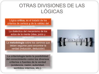 OTRAS DIVISIONES DE LAS
LÓGICAS
Lógica crítica, es el tratado de los
criterios de certeza y de la validez del
conocimiento.
La dialéctica del mecanismo de los
actos de la mente (idea, juicio y
raciocinio)
La metodología sobre los caminos que
deben seguirse para encontrar la
verdad (inducción, deducción)
La criteriología tanto la posibilidad
del conocimiento como los diversos
criterios o fuentes de la verdad
(evidencia, razón, autoridad,
sentidos internos, etc.).
 