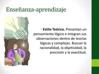 Estilo pragmáticoEnseñanza-aprendizajeEstilo Activo. Son personas abiertas, entusiastas, sin prejuicios ante las nuevas experiencias, incluso aumenta su motivación ante los retos.