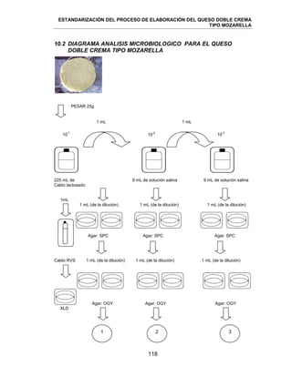 ESTANDARIZACIÓN DEL PROCESO DE ELABORACIÓN DEL QUESO DOBLE CREMA
TIPO MOZARELLA
118
10.2 DIAGRAMA ANALISIS MICROBIOLOGICO PARA EL QUESO
DOBLE CREMA TIPO MOZARELLA
PESAR 25g
1 mL 1 mL
10
-1
10
-2
10
-3
225 mL de 9 mL de solución salina 9 mL de solución salina
Caldo lactosado
1mL
1 mL (de la dilución) 1 mL (de la dilución) 1 mL (de la dilución)
Agar: SPC Agar: SPC Agar: SPC
Caldo RVS 1 mL (de la dilución) 1 mL (de la dilución) 1 mL (de la dilución)
Agar: OGY Agar: OGY Agar: OGY
XLD
321
 