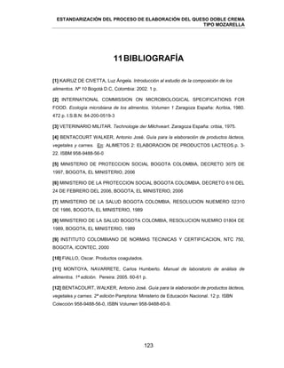 ESTANDARIZACIÓN DEL PROCESO DE ELABORACIÓN DEL QUESO DOBLE CREMA
TIPO MOZARELLA
123
11BIBLIOGRAFÍA
[1] KAIRUZ DE CIVETTA, Luz Ángela. Introducción al estudio de la composición de los
alimentos. Nº 10 Bogotá D.C, Colombia: 2002. 1 p.
[2] INTERNATIONAL COMMISSION ON MICROBIOLOGICAL SPECIFICATIONS FOR
FOOD. Ecología microbiana de los alimentos. Volumen 1 Zaragoza España: Acribia, 1980.
472 p. I.S.B.N: 84-200-0519-3
[3] VETERINARIO MILITAR. Technologie der Milchveart. Zaragoza España: cribia, 1975.
[4] BENTACOURT WALKER, Antonio José. Guía para la elaboración de productos lácteos,
vegetales y carnes. En: ALIMETOS 2: ELABORACION DE PRODUCTOS LACTEOS.p. 3-
22. ISBM 958-9488-56-0
[5] MINISTERIO DE PROTECCION SOCIAL BOGOTA COLOMBIA, DECRETO 3075 DE
1997, BOGOTA, EL MINISTERIO, 2006
[6] MINISTERIO DE LA PROTECCION SOCIAL BOGOTA COLOMBIA, DECRETO 616 DEL
24 DE FEBRERO DEL 2006, BOGOTA, EL MINISTERIO, 2006
[7] MINISTERIO DE LA SALUD BOGOTA COLOMBIA, RESOLUCION NUEMERO 02310
DE 1986, BOGOTA, EL MINISTERIO, 1989
[8] MINISTERIO DE LA SALUD BOGOTA COLOMBIA, RESOLUCION NUEMRO 01804 DE
1989, BOGOTA, EL MINISTERIO, 1989
[9] INSTITUTO COLOMBIANO DE NORMAS TECINICAS Y CERTIFICACION, NTC 750,
BOGOTA, ICONTEC, 2000
[10] FIALLO, Oscar. Productos coagulados.
[11] MONTOYA, NAVARRETE, Carlos Humberto. Manual de laboratorio de análisis de
alimentos. 1ª edición. Pereira: 2005. 60-61 p.
[12] BENTACOURT, WALKER, Antonio José. Guía para la elaboración de productos lácteos,
vegetales y carnes. 2ª edición Pamplona: Ministerio de Educación Nacional. 12 p. ISBN
Colección 958-9488-56-0, ISBN Volumen 958-9488-60-9.
 
