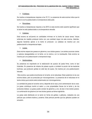 ESTANDARIZACIÓN DEL PROCESO DE ELABORACIÓN DEL QUESO DOBLE CREMA
TIPO MOZARELLA
30
 Fosfatasa:
Se inactiva a temperaturas mayores a los 70 °C. La presencia de esta enzima indica que la
leche no se ha pasteurizado a la temperatura adecuada.
 Peroxidasa:
Se inactiva a temperaturas mayores a los 80°C.si esta enzima está ausente significara que
la leche ha sido pasteurizada a una temperatura elevada.
 Catalasa:
Esta enzima se encuentra en cantidades mínimas en la leche de vacas sanas. Vacas
enfermas de mastitis producen leche con una cantidad mayor de esta enzima. Además,
algunas bacterias ajenas a la leche la producen. La catalasa se inactiva por una
pasteurización a temperaturas bajas.
 Lipasa:
Esta enzima separa las grasas en glicerina y sus ácidos grasos. Los ácidos provocan olores
y sabores desagradables en la leche, en la crema y en la mantequilla. Esta enzima se
inactiva por una pasteurización a temperatura baja.
 Xantinoxidasa:
Su presencia es importante en la elaboración de quesos de pasta firme, como el tipo
holandés. En presencia de nitratos de potasio ayuda a combatir la acción de las bacterias
butíricas, que producen grietas en este tipo de queso. Se inactiva por una pasteurización
elevada.
Otra enzima, que puede encontrarse en la leche, es la reductasa. Esta sustancia no es una
enzima láctea, pero es producida por microorganismos. La presencia de la reductasa en la
leche indica que la leche está contaminada con microorganismos.
La cantidad de grasa en la leche varía y depende de la raza y de la alimentación de la vaca.
La grasa contribuye mucho al sabor y a las propiedades físicas de la leche y de los
productos lácteos. La grasa puede constar de glicerina y uno, de dos o tres ácidos grasos.
La combinación de glicerina con tres ácidos grasos se llama triglicérido.
La grasa está distribuida en la leche en forma de gotitas o glóbulos, rodeados de una
película que contiene lecitina y proteína. Esta película permite que los glóbulos queden en
emulsión.
 