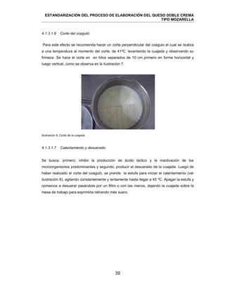 ESTANDARIZACIÓN DEL PROCESO DE ELABORACIÓN DEL QUESO DOBLE CREMA
TIPO MOZARELLA
39
Para este efecto se recomienda hacer un corte perpendicular del coágulo el cual se realiza
a una temperatura al momento del corte, de 41ºC, levantando la cuajada y observando su
firmeza. Se hace el corte en en hilos separados de 10 cm primero en forma horizontal y
luego vertical, como se observa en la ilustración 7:
Ilustración 6. Corte de la cuajada
Se busca, primero, inhibir la producción de ácido láctico y la inactivación de los
microorganismos predominantes y segundo, producir el desuerado de la cuajada. Luego de
haber realizado el corte del coaguló, se prende la estufa para iniciar el calentamiento (ver
ilustración 8), agitando constantemente y lentamente hasta llegar a 45 ºC. Apagar la estufa y
comience a desuerar pasándola por un filtro o con las manos, dejando la cuajada sobre la
mesa de trabajo para exprimirla retirando más suero.
4.1.3.1.6 Corte del coaguló:
4.1.3.1.7 Calentamiento y desuerado:
 