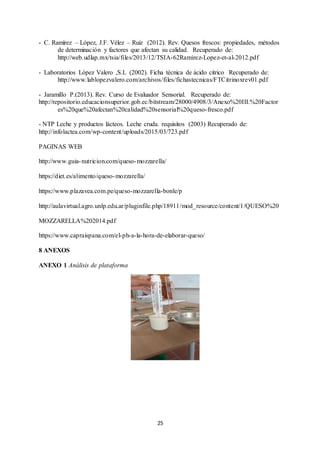 25
- C. Ramírez – López, J.F. Vélez – Ruiz (2012). Rev. Quesos frescos: propiedades, métodos
de determinación y factores que afectan su calidad. Recuperado de:
http://web.udlap.mx/tsia/files/2013/12/TSIA-62Ramirez-Lopez-et-al-2012.pdf
- Laboratorios López Valero ,S.L (2002). Ficha técnica de ácido citrico Recuperado de:
http://www.lablopezvalero.com/archivos/files/fichastecnicas/FTCitrinoxrev01.pdf
- Jaramillo P.(2013). Rev. Curso de Evaluador Sensorial. Recuperado de:
http://repositorio.educacionsuperior.gob.ec/bitstream/28000/4908/3/Anexo%20III.%20Factor
es%20que%20afectan%20calidad%20sensorial%20queso-fresco.pdf
- NTP Leche y productos lácteos. Leche cruda. requisitos (2003) Recuperado de:
http://infolactea.com/wp-content/uploads/2015/03/723.pdf
PAGINAS WEB
http://www.guia-nutricion.com/queso-mozzarella/
https://diet.es/alimento/queso-mozzarella/
https://www.plazavea.com.pe/queso-mozzarella-bonle/p
http://aulavirtual.agro.unlp.edu.ar/pluginfile.php/18911/mod_resource/content/1/QUESO%20
MOZZARELLA%202014.pdf
https://www.capraispana.com/el-ph-a-la-hora-de-elaborar-queso/
8 ANEXOS
ANEXO 1 Análisis de plataforma
 