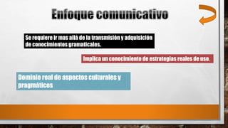 Dominio real de aspectos culturales y
pragmáticos
Se requiere ir mas allá de la transmisión y adquisición
de conocimientos gramaticales.
Implica un conocimiento de estrategias reales de uso.
 