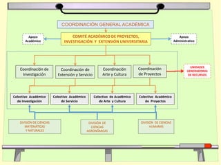 Colectivo Académico
de Investigación
Colectivo Académico
de Servicio
Colectivo de Académico
de Arte y Cultura
Coordinación de
Extensión y Servicio
Coordinación
Arte y Cultura
Coordinación
de Proyectos
UNIDADES
GENERADORAS
DE RECURSOS
Coordinación de
Investigación
Colectivo Académico
de Proyectos
COMITÉ ACADÉMICO DE PROYECTOS,
INVESTIGACIÓN Y EXTENSIÓN UNIVERSITARIA
Apoyo
Académico
COORDINACIÓN GENERAL ACADÉMICA
Apoyo
Administrativo
DIVISIÓN DE
CIENCIAS
AGRONÓMICAS
DIVISIÓN DE CIENCIAS
MATEMÁTICAS
Y NATURALES
DIVISIÓN DE CIENCIAS
HUMANAS
 