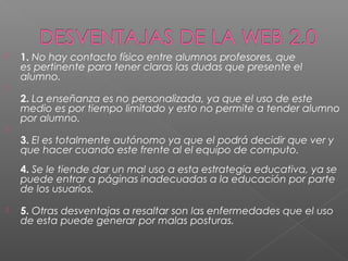    1. No hay contacto físico entre alumnos profesores, que
    es pertinente para tener claras las dudas que presente el
    alumno.

    2. La enseñanza es no personalizada, ya que el uso de este
    medio es por tiempo limitado y esto no permite a tender alumno
    por alumno.

    3. El es totalmente autónomo ya que el podrá decidir que ver y
    que hacer cuando este frente al el equipo de computo.
    4. Se le tiende dar un mal uso a esta estrategia educativa, ya se
    puede entrar a páginas inadecuadas a la educación por parte
    de los usuarios.

   5. Otras desventajas a resaltar son las enfermedades que el uso
    de esta puede generar por malas posturas.
 