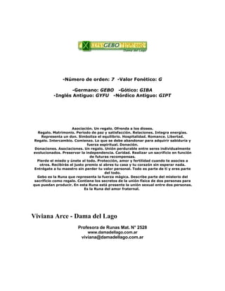 -Número de orden: 7 -Valor Fonético: G
-Germano: GEBO -Gótico: GIBA
-Inglés Antiguo: GYFU -Nórdico Antiguo: GIPT
Asociación. Un regalo. Ofrenda a los dioses.
Regalo. Matrimonio. Período de paz y satisfacción. Relaciones. Integra energías.
Representa un don. Simboliza el equilibrio. Hospitalidad. Romance. Libertad.
Regalo. Intercambio. Comienzo. Lo que se debe abandonar para adquirir sabiduría y
fuerza espiritual. Donación.
Donaciones. Asociaciones. Un regalo. Unión perdurable entre seres individualmente
evolucionados. Preservar la independencia. Caridad. Realizar un sacrificio en función
de futuras recompensas.
Pierde el miedo y únete al todo. Protección, amor y fertilidad cuando te asocies a
otros. Recibirás el justo premio si abres tu casa y tu corazón sin esperar nada.
Entrégate a tu maestro sin perder tu valor personal. Todo es parte de ti y eres parte
del todo.
Gebo es la Runa que representa la fuerza mágica. Describe parte del misterio del
sacrificio como regalo. Contiene los secretos de la unión física de dos personas para
que puedan producir. En esta Runa está presente la unión sexual entre dos personas.
Es la Runa del amor fraternal.
Viviana Arce - Dama del Lago
Profesora de Runas Mat. N° 2528
www.damadellago.com.ar
viviana@damadellago.com.ar
 