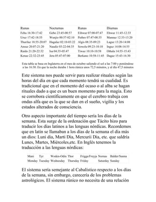 Runas Nocturnas Runas Diurnas
Fehu 16:30-17:42 Gebo 23:45-00:57 Eihwaz 07:00-07:47 Ehwaz 11:45-12:33
Uruz 17:42-18:55 Wunjio 00:57-02:10 Pethro 07:47-08:35 Mannaz 12:33-13:20
Thurilaz 18:55-20:07 Hagalaz 02:10-03:22 Algis 08:35-09:23 Laguz 13:20-14:08
Ansuz 20:07-21:20 Naudiz 03:22-04:35 Sowelu 09:23-10:10 Inguz 14:08-14:55
Raido 21:20-22:32 Isa 04:35-05:47 Tiwaz 10:10-10:58 Othala 14:55-15:43
Kenaz 22:32-23:45 Jera 05:47-07:00 Berkano 10:58-11:45 Dagaz 15:43-16:30
Esta tabla se basa en Inglaterra en el mes de octubre saliendo el sol a las 7:00 y poniéndose
a las 16:30. En que la noche duraba 1 hora rúnica unos 72,5 minutos, y al día 47,5 minutos
Este sistema nos puede servir para realizar rituales según las
horas del día en que cada momento tendrá su cualidad. Es
tradicional que en el momento del ocaso o al alba se hagan
rituales dado a que es un buen momento para la magia. Esto
se corrobora científicamente en que el cerebro trabaja con
ondas alfa que es la que se dan en el sueño, vigilia y los
estados alterados de consciencia.
Otro aspecto importante del tiempo sería los días de la
semana. Esta surge de la ordenación que Tácito hizo para
traducir los días latinos a las lenguas nórdicas. Recordemos
que en latín se llamaban a los días de la semana el día más
un dios: Luni dia, Marti Dia, Mercurii Dia, etc. que saldría
Lunes, Martes, Miércoles,etc. En Inglés tenemos la
traducción a las lenguas nórdicas:
Mani Tyr Woden-Odin Thor Frigga/Freyja Nornas Balder/Sunna
Monday Tuesday Wednesday Thursday Friday Saturday Sunday
El sistema sería semejante al Cabalístico respecto a los días
de la semana, sin embargo, carecería de los problemas
astrológicos. El sistema rúnico no necesita de una relación
 