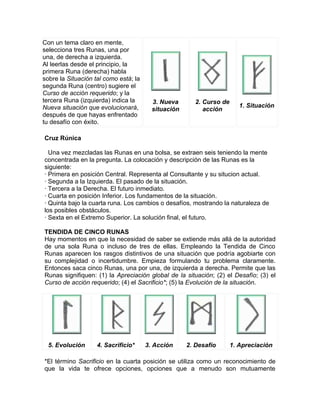 Con un tema claro en mente,
selecciona tres Runas, una por
una, de derecha a izquierda.
Al leerlas desde el principio, la
primera Runa (derecha) habla
sobre la Situación tal como está; la
segunda Runa (centro) sugiere el
Curso de acción requerido; y la
tercera Runa (izquierda) indica la
Nueva situación que evolucionará,
después de que hayas enfrentado
tu desafío con éxito.
3. Nueva
situación
2. Curso de
acción
1. Situación
Cruz Rúnica
Una vez mezcladas las Runas en una bolsa, se extraen seis teniendo la mente
concentrada en la pregunta. La colocación y descripción de las Runas es la
siguiente:
· Primera en posición Central. Representa al Consultante y su situcion actual.
· Segunda a la Izquierda. El pasado de la situación.
· Tercera a la Derecha. El futuro inmediato.
· Cuarta en posición Inferior. Los fundamentos de la situación.
· Quinta bajo la cuarta runa. Los cambios o desafíos, mostrando la naturaleza de
los posibles obstáculos.
· Sexta en el Extremo Superior. La solución final, el futuro.
TENDIDA DE CINCO RUNAS
Hay momentos en que la necesidad de saber se extiende más allá de la autoridad
de una sola Runa o incluso de tres de ellas. Empleando la Tendida de Cinco
Runas aparecen los rasgos distintivos de una situación que podría agobiarte con
su complejidad o incertidumbre. Empieza formulando tu problema claramente.
Entonces saca cinco Runas, una por una, de izquierda a derecha. Permite que las
Runas signifiquen: (1) la Apreciación global de la situación; (2) el Desafío; (3) el
Curso de acción requerido; (4) el Sacrificio*; (5) la Evolución de la situación.
5. Evolución 4. Sacrificio* 3. Acción 2. Desafío 1. Apreciación
*El término Sacrificio en la cuarta posición se utiliza como un reconocimiento de
que la vida te ofrece opciones, opciones que a menudo son mutuamente
 