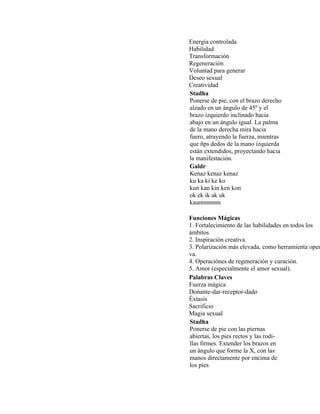 Energía controlada
Habilidad
Transformación
Regeneración
Voluntad para generar
Deseo sexual
Creatividad
Stadha
Ponerse de pie, con el brazo derecho
alzado en un ángulo de 45º y el
brazo izquierdo inclinado hacia
abajo en un ángulo igual. La palma
de la mano derecha mira hacia
fuero, atrayendo la fuerza, mientras
que ñps dedos de la mano izquierda
están extendidos, proyectando hacia
la manifestación.
Galdr
Kenaz kenaz kenaz
ku ka ki ke ko
kun kan kin ken kon
ok ek ik ak uk
kaunnnnnnn
Funciones Mágicas
1. Fortalecimiento de las habilidades en todos los
ámbitos
2. Inspiración creativa.
3. Polarización más elevada, como herramienta oper
va.
4. Operaciónes de regeneración y curación.
5. Amor (especialmente el amor sexual).
Palabras Claves
Fuerza mágica
Donante-dar-receptor-dado
Éxtasis
Sacrificio
Magia sexual
Stadha
Ponerse de pie con las piernas
abiertas, los pies rectos y las rodi-
llas firmes. Extender los brazos en
un ángulo que forme la X, con las
manos directamente por encima de
los pies
 