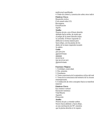 multiversal equilibrado.
4. Poder de control y constricción sobre otros individ
Palabras Claves
Desarrollo cíclico
Ciclo anual solar (12)
Recompesa
Fructificación
Águila
Stadha
Ponerse de pie, con el brazo derecho
doblado hacia arriba, de modo que
el pulgar de la mano derecho toque
la coronilla. El brazo izquierdo se
dobla de la misma manera pero
hacia abajo, con las puntas de los
dedos de la mano izquierda tocando
la cadera.
Galdr
jera jera jera
jjjjeeerrrrraaaa
jjjjjjjjjjjj
ju ja ji je jo
(jur jar jir jer jor)
jjjjeeerrrrraaaa
Funciones Mágicas
1. Fertilidad, creatividad.
2. Paz, armonía.
3. Enseñanza.
4. Toma consciencia de la naturaleza cíclica del mul
5. Toma de la consciencia del misterio de la circunsf
ommnipresente.
6. Conducción de otros conceptos hacia su manifesta
material.
Palabras Claves
Eje cósmico vertical
Iniciación numínica
Vida/Muerte
Aguante
Protección
Stadha
Ponerse de pie y extender ambos
brazos hacia adelante y hacia abajo,
en una onclinación de 50º, mientras
que la pierna derecha (o la izquier-
 
