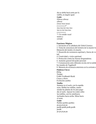 da) se dobla hacia atrás por la
rodilla, en ángulo igual.
Galdr
Eihwaz eihwaz
eihwaz
(iwaz iwaz iwaz)
e e e e e e e*
iwu iwa iwi iwe iwo
iwo ie iwi iwa iwu
e e e e e e e
*- Un sonido vocal
neutro y
cerrado
Funciones Mágicas
1. Iniciación en la sabiduría del Árbol Cósmico.
2. Toma de consciencia del misterio de la muerte/vid
liberación del miedo a la muerte.
3. Desarrollo de resistencia espiritual y fuerza de vol
tad.
4. Creatividad y visión espiritual.
5. Protección contra las fuerzas desgastadoras.
6. Aumento general del poder personal.
7. Comunicación entre diferente niveles de la realida
los mundos de Yggdrasill
8. Memoria de existencia anteriores en la corriente a
Palabras Claves
Ørlög
Tiempo
Urdhr-Verdhandi-Skuld
Causa y efecto
Evolución-cambio
Stadha
Sentarse en el suelo, con la espalda
recta. Doblar las rodillas, mante-
niendo las plantas de los pies pega-
das al suelo. Apoyar los codos sobre
las rodillas, con los antebrazos
inclinados hacia arriba. Mirar hacia
el oeste.
Galdr
Perthro perthro perthro
pu pa pi pe po
purdh pardh pirdh perdh
pordh
po pe pi pa pu
 