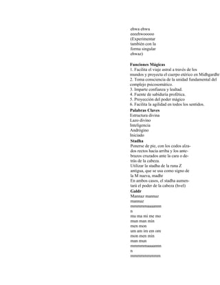 ehwa ehwu
eeeehwooooo
(Experimentar
también con la
forma singular
ehwaz)
Funciones Mágicas
1. Facilita el viaje astral a través de los
mundos y proyecta el cuerpo etérico en Midhgardhr
2. Toma consciencia de la unidad fundamental del
complejo psicosomático.
3. Imparte confianza y lealtad.
4. Fuente de sabiduría profética.
5. Proyección del poder mágico
6. Facilita la agilidad en todos los sentidos.
Palabras Claves
Estructura divina
Lazo divino
Inteligencia
Andrógino
Iniciado
Stadha
Ponerse de pie, con los codos alza-
dos rectos hacia arriba y los ante-
brazos cruzados ante la cara o de-
trás de la cabeza.
Utilizar la stadha de la runa Z
antigua, que se usa como signo de
la M nueva, madhr
En ambos casos, el stadha aumen-
tará el poder de la cabeza (hvel)
Galdr
Mannaz mannaz
mannaz
mmmmmaaaannn
n
mu ma mi me mo
mun man min
men mon
um am im em om
mon men min
man mun
mmmmmaaaannn
n
mmmmmmmmm
 