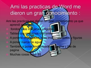 Ami las practicas me dieron un gran conocimiento ya que
  aprendí a ponerle:
 fondos a las imágenes y figuras
 Tablas con contornos diferentes
 A ponerle degradados a las imágenes,textos y figuras
 A poner marca de agua
 También a poner encabezado de pagina y Pie de
  pagina
 Muchas cosas mas!:$$
 