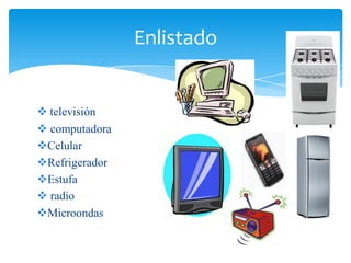 Enlistado


 televisión
 computadora
Celular
Refrigerador
Estufa
 radio
Microondas
 