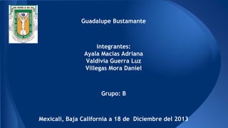 Guadalupe Bustamante

integrantes:
Ayala Macias Adriana
Valdivia Guerra Luz
Villegas Mora Daniel

Grupo: B

Mexicali, Baja California a 18 de Diciembre del 2013

 