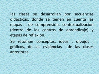 las clases se desarrollan por secuencias
didácticas, donde se tienen en cuenta las
etapas , de comprensión, contextualización
(dentro de los centros de aprendizaje) y
etapas de reflexión.
Se retoman conceptos, ideas , dibujos ,
gráficos, de las evidencias de las clases
anteriores.
 