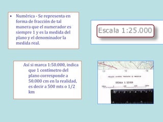 • Numérica - Se representa en
  forma de fracción de tal
  manera que el numerador es
  siempre 1 y es la medida del
  plano y el denominador la
  medida real.



      Así si marca 1:50.000, indica
        que 1 centímetro del
        plano corresponde a
        50.000 cm en la realidad,
        es decir a 500 mts o 1/2
        km
 