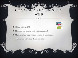 COMO SE CREA UN SITIO
           WEB


 1 Crear páginas Web

 2 Insertar una imagen en la página principal

 3 Para crear un hipervínculo a partir de una imagen

   4 Crear una estructura de exploración
 
