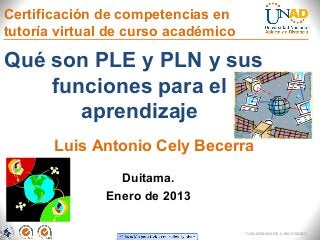 Certificación de competencias en
tutoría virtual de curso académico

Qué son PLE y PLN y sus
    funciones para el
       aprendizaje
       Luis Antonio Cely Becerra
                 Duitama.
               Enero de 2013

                                     FI-GQ-GCMU-004-015 V. 000-27-08-2011
 