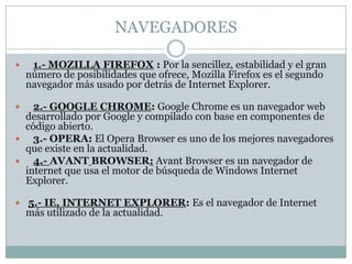 NAVEGADORES

    1.- MOZILLA FIREFOX : Por la sencillez, estabilidad y el gran
    número de posibilidades que ofrece, Mozilla Firefox es el segundo
    navegador más usado por detrás de Internet Explorer.

   2.- GOOGLE CHROME: Google Chrome es un navegador web
  desarrollado por Google y compilado con base en componentes de
  código abierto.
   3.- OPERA: El Opera Browser es uno de los mejores navegadores
  que existe en la actualidad.
   4.- AVANT BROWSER: Avant Browser es un navegador de
  internet que usa el motor de búsqueda de Windows Internet
  Explorer.

 5.- IE, INTERNET EXPLORER: Es el navegador de Internet
    más utilizado de la actualidad.
 