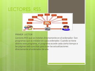 LECTORES RSS
PRIMER LECTOR
Lectores RSS que se instalan directamente en el ordenador: Son
programas que se instalan en cada ordenador. Cuando se tiene
abierto este programa, el programa accede cada cierto tiempo a
las páginas web suscritas para traer las actualizaciones
directamente al ordenador de uno
 