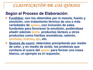 CLASIFICACIÓN DE LOS QUESOS <ul><li>Según el Proceso de Elaboración: </li></ul><ul><li>Fundidos : son los obtenidos por la...