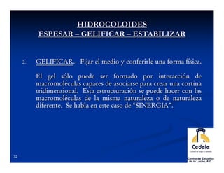 HIDROCOLOIDES
          ESPESAR – GELIFICAR – ESTABILIZAR


     2.   GELIFICAR.- Fijar el medio y conferirle una forma fí...