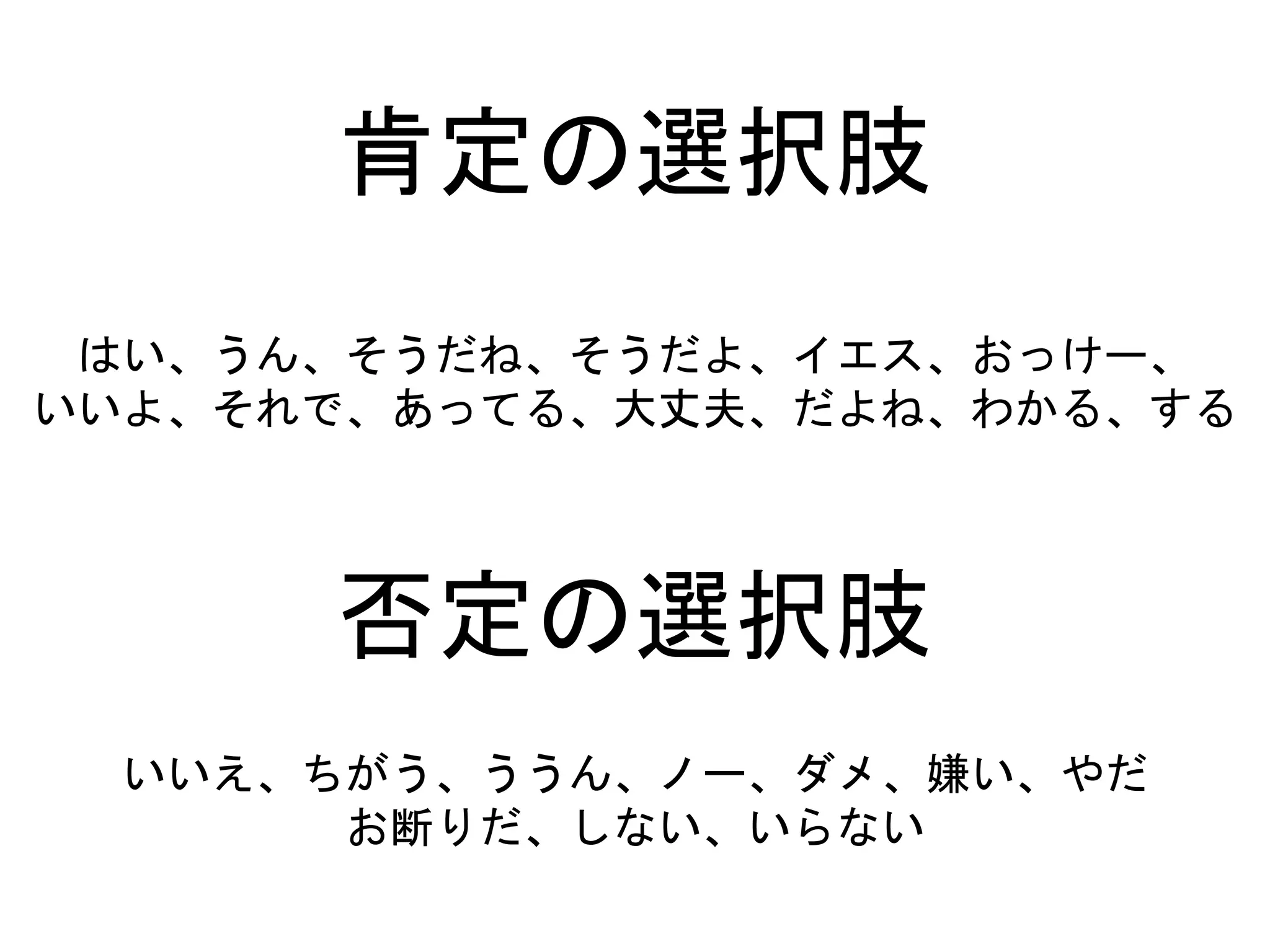 肯定の選択肢
はい、うん、そうだね、そうだよ、イエス、おっけー、
いいよ、それで、あってる、大丈夫、だよね、わかる、する
いいえ、ちがう、ううん、ノー、ダメ、嫌い、やだ
お断りだ、しない、いらない
否定の選択肢
 